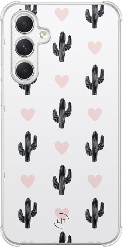 Shockproof hoesje - Geschikt voor Samsung Galaxy A54 - Cactus hartjes - Extra sterke case - TPU/polycarbonaat - Natuur - Wit, Transparant