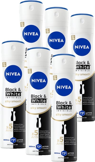NIVEA Black & White Silky Smooth Deodorant Spray - Anti-Vlekken Deo - 72u bescherming - -Voordeelverpakking - 6 x 150 ml