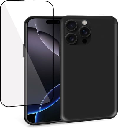 Geschikt voor Apple iPhone 16 Pro - Hoesje + Screenprotector – Full Cover Gehard Glas – Suède Back Cover Case Zwart