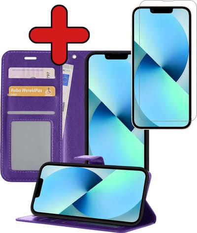 Hoesje - Met Screenprotector - Geschikt voor Apple iPhone 14 Pro - Luxe Pasjeshouder - Flipcase - Bookcase Portemonee - Flip Case - Kunstleer Book Case - Book Cover - Walletcase - Portemonneehoes - Telefoonhoes - Paars