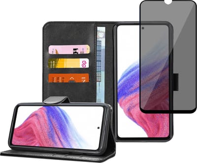 Geschikt voor Samsung A53 5G Book Case Hoesje - Privacy Screenprotector - Flip Portemonnee Zwart met Privé Gehard Glas Cover