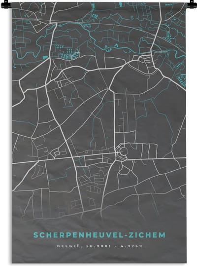 Wandkleed - Wanddoek - België – Scherpenheuvel Zichem – Stadskaart – Kaart – Blauw – Plattegrond - 120x180 cm - Wandtapijt