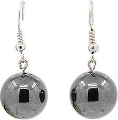 Edelstenen oorbellen Hematite Ball Big - oorhanger - sterling zilver (925) - hematiet - zwart - hoogglans - luxe sieraden zakje - zwarte oorbellen - oorbellen dames