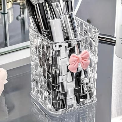 1 pièce Organisateur de bureau en acrylique transparent avec nœud décoratif - Porte-stylo durable et panier de rangement pour fournitures de bureau, stylos et accessoires transparent
