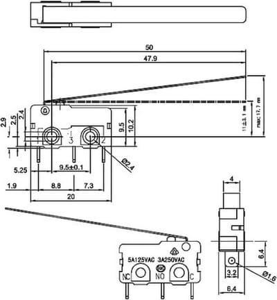 Snap-Action Switch with 50mm Lever: 3-Pin, SPDT, 5A Pololu 1403