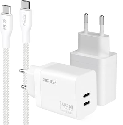Phreeze usb C oplader 45w met usb C naar usb C kabel 1 meter - Snellader met 2 usb C poorten - PPS fast charger