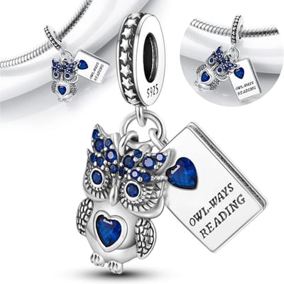 Pendentif Hibou Bleu Mignon Forme Livre Plaqué Cuivre Perle Véritable S'adapte aux Perles de Charme Véritables Bijoux Cadeau Pour Femmes blanc