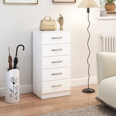MODFU Ladekast Met 5 Lades - Smal En Vrijstaand - Modern - Voor Slaapkamer Of Hal - Spaanplaat - Wit - 40 X 35 X 85 Cm