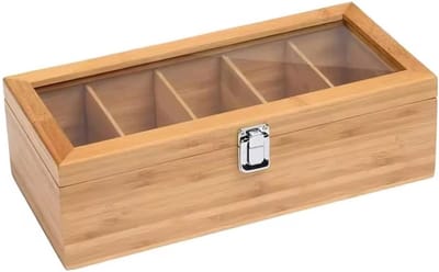 Opbergdoos voor theeservies - Opbergdoos - Ontwerp met 5 vakken - Multifunctioneel - Hout - Geschikt voor het opbergen van theezakjes, suiker en sieraden - Ruimtebesparende opbergdoos met deksel - Geschikt voor keukens en badkamers -Natuurlijke kleur
