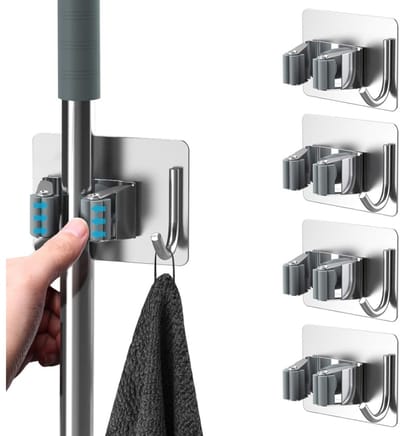Daity 4-pack - zelfklevende dweil- en bezemhouder van roestvrij staal 304 - geen boren nodig - superhandige en eenvoudige oplossing voor het opbergen van badkamergereedschap（zilver）