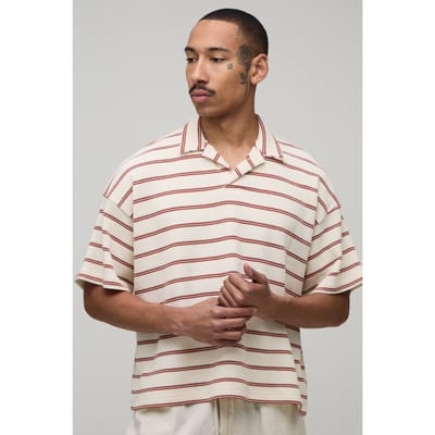 Oversized Striped Waffle Revere Polo T-Shirt | Ecru | Size Small