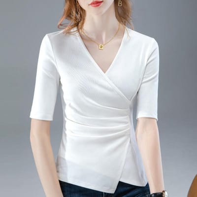 Dames Nieuwe Dameskleding Stijl V-hals Halflange mouw Katoenen T-shirt Irreguliere Geplooide Taille Top XL white