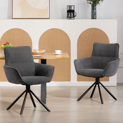 Pugsdrly - Eetkamerstoelen - Set van 2 draaibare stoelen - Zacht gestoffeerd - Armleuningen - Metalen poten - Donkergrijs