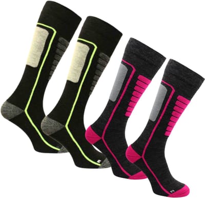 Norfolk Skisokken - 2 Paar - Merino Wol Schokabsorptie Skisokken - Naadloos - Zacht, Warm en Droog - Roze/Zwart - Maat 35-38 - Courchevel 2 Pack