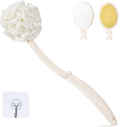 Famanu – Rugcrème-applicator voor aanbrengen van lotion en verzorging, 3-in-1 badborstel, lange steel, wit