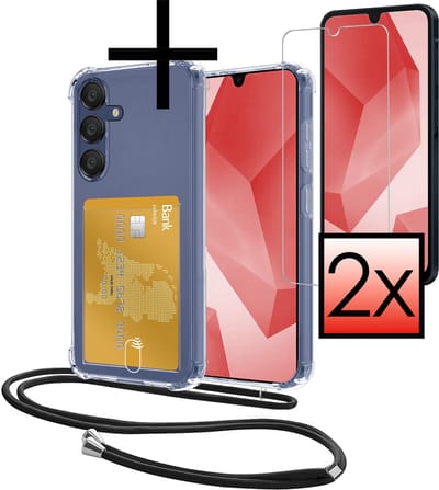 Hoes Geschikt voor Samsung Galaxy A16 Hoesje Pasjeshouder Cover Met Koord Shock Proof Case Siliconen Hoes Met Telefoonkoord en Kaarthouder Met 2x Screenprotector - Transparant