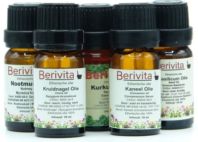 Kruiden Olie 5x10ml Etherische Olie Set - Nootmuskaatolie 10ml, Kruidnagelolie 10ml, Kurkuma Olie 10ml, Basilicumolie 10ml en Kaneelolie 10ml - Essentiële Olie Set