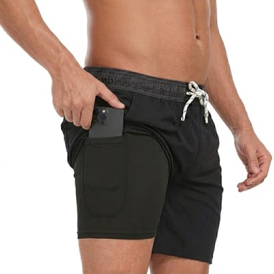 Zwart zwembroek heren met binnenbroek en telefoonvak, elastische tailleband met wit trekkoord, korte zwemshort sportief ontwerp effen kleur maat M