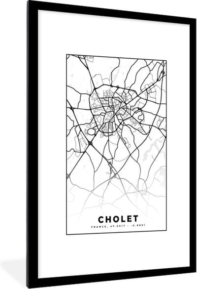Fotolijst incl. Poster Zwart Wit- Kaart - Plattegrond - Frankrijk - Cholet - Stadskaart - Zwart wit - 80x120 cm - Posterlijst