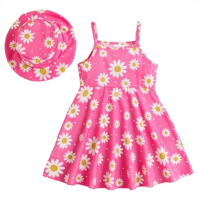 Zomerse Mouwloze Bloemenjurk met Hoed voor Meisjes, 2-delige Set, Geschikt voor 0-3 Jaar, Perfect voor Lente en Zomer