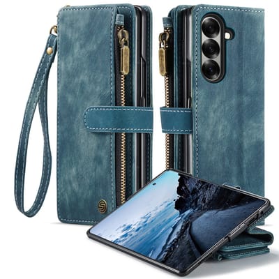 Geschikt voor Samsung Galaxy Z Fold 7 Hoesje - Wallet Case met Pasjeshouder - Kickstand - Polskoord -Draadloos Opladen - Blauw