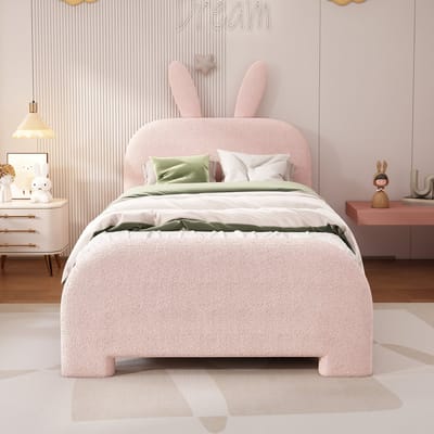 MEUNIQ kinderbed 90x200 cm met konijnvormig hoofdbord, 2 lades en zachte bekleding, eenpersoons bedframe voor kinderkamer, roze