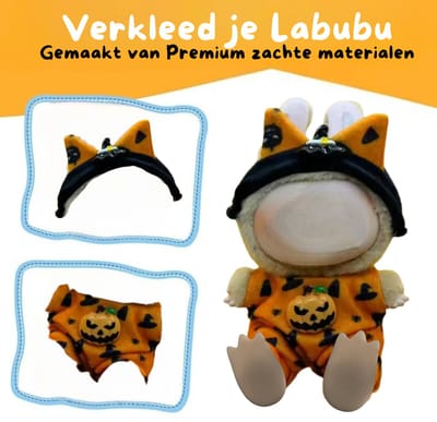 Zwart en Oranje Pompoen Poppenkleding - Met Hoedje en Tuinpakje - Cute and Festive Geschikt voor Labubu
