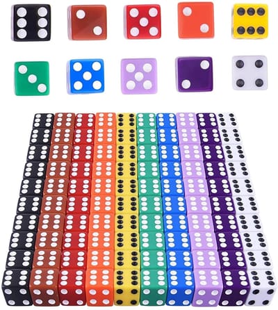 Dailygoods- Dobbelstenen Set van 100 - Kleurrijke D6 Dobbelstenen - 16 mm - Milieuvriendelijk Acryl - Ideaal voor Bordspellen - Duurzaam - Speelgoed