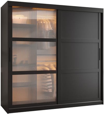 Zweefdeurkast Kledingkast met 2 schuifdeuren glanzen slaapkamerkast Kledingstang met planken Garderobekast met geribbeld glas - ARTON 3 (180 cm, Zwart) met lades