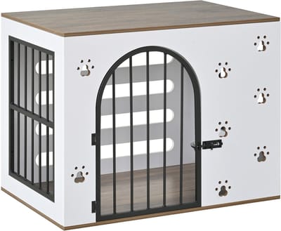 Houten hondenbench meubel - Hondenkooi binnen - Met voerstation - Twee RVS voerbakken - 20kg - Woonkamer bijzettafel - 80x55x64 cm - Wit en naturel