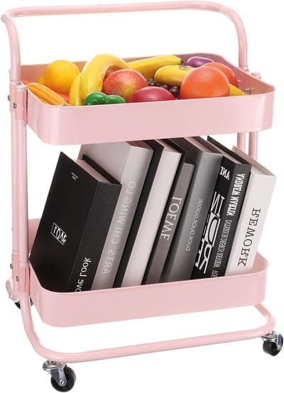 2-laagse Trolley met Handvat en Vergrendelbare Wielen - Keuken- en Woonkamer Organizer in Roze voor Slaapkamer en Huiskamer