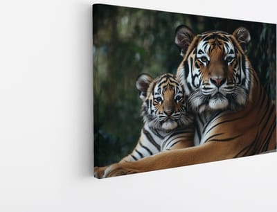 Saammp Canvas Schilderij - Tijger welp met moeder - Natuur - Dieren - 30x20 - Foto op canvas - Wanddecoratie - muurdecoratie Woonkamer - Slaapkamer decoratie - Canvas Print