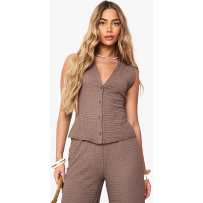 boohoo Dames Getextureerde top zonder mouwen met knoopdoorvoering | Mocha | Maat: 6