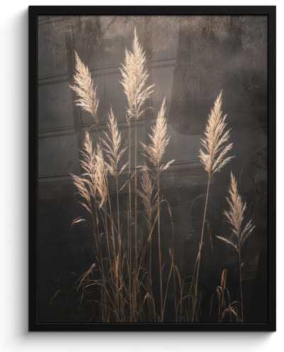 Poster in lijst - Fotolijst 60x80 cm - Posters - Siergras - Pluimen - Verlichting - Zwart - Posterlijst zwart - Decoratie - Wanddecoratie woonkamer - Muurdecoratie slaapkamer