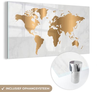 ® Glasschilderij 160x80 cm - Schilderij acrylglas - Wereldkaart - Goud - Marmer - Foto op glas - Muurdecoratie woonkamer - Wanddecoratie slaapkamer - Schilderijen