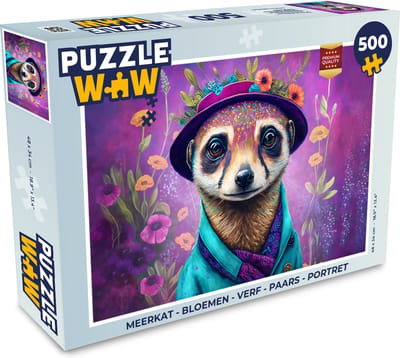 Puzzel Meerkat - Bloemen - Verf - Paars - Portret - Stokstaartje - Legpuzzel - Puzzel 500 stukjes