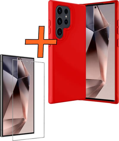 Hoes - Met Screenprotector - Geschikt voor Samsung Galaxy S24 Ultra - Sterk & Shockproof - Back Cover - Siliconen Case - Telefoon Hoes - Rood