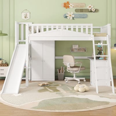 VVBV Stapelbed 90x200 cm met Voor Kinderen/Tieners, Uitvalbeveiliging - Trap/Ladder, Kledingkast - Massief Hout/MDF Wit