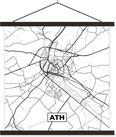 Posterhanger incl. Poster 60x60 cm - Schoolplaat - Stadskaart – Plattegrond – België – Zwart Wit – Ath – Kaart - Textielposter - Zwarte latten - Stadskaart