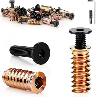 24 stuks M8 schroeven inclusief M8x35 mm platte kopschroeven M8x25 mm draadhulzen voor hout Schroefmoeren met zeskantsleutel Zeskantbit H5 voor DIY houten meubelverbindingen