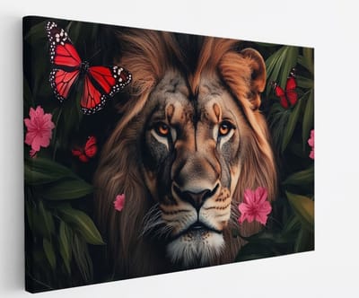 Saammp Canvas Schilderij - Leeuw tussen vlinders en bloemen - Dieren - Natuur - 60x40 - Foto op canvas - Wanddecoratie - Muurdecoratie Woonkamer - Slaapkamer decoratie - Canvas Print