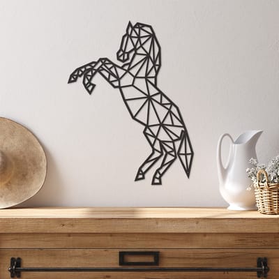 Geometrische Wanddecoratie Paard - Geometrische Muurdecoratie Paard - Geometrisch Paard - Muurdecoratie Hout - Wanddecoratie Hout - Muurdecoratie Woonkamer - Wanddecoratie Woonkamer - Wanddecoratie Industrieel - Wanddecoratie Dieren - 47.5 x 29 cm
