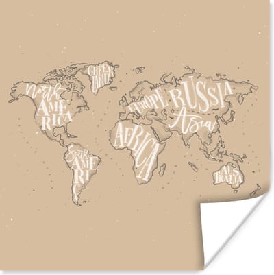 Poster 30x30 cm - Wereldkaart - Bruin - Wit - Letters - Posters - Kamer decoratie - Wanddecoratie woonkamer - Muurdecoratie slaapkamer