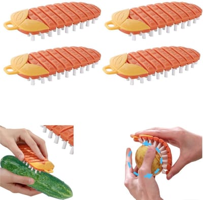 4 stuks - multifunctionele reinigingsborstel - Fruit- en groenteborstel - Potborstel - Groenteborstel - Reinigt snel fruit en groenten - Flexibel - Oranje - 13,5 x 6,5 cm - Geschikt voor serviesgoed, gootstenen en waterbakken