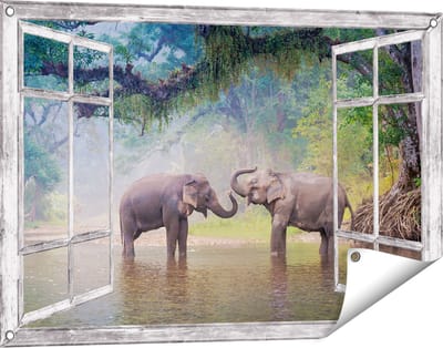 Gards Tuinposter Doorkijk Twee Olifanten in het Water - 90x60 cm - Tuindoek - Tuindecoratie - Wanddecoratie buiten - Tuinschilderij