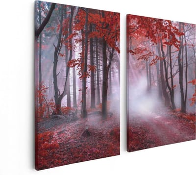 Artaza Canvas Schilderij Tweeluik Rood Bos Met Bomen - 80x60 - Foto Op Canvas - Canvas Print