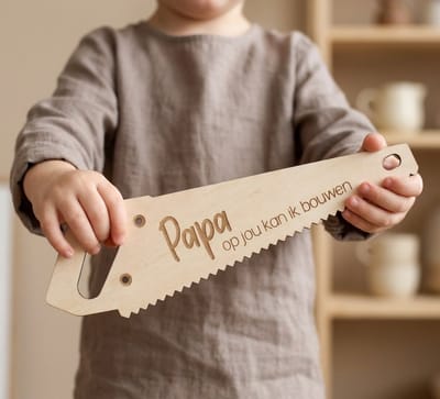 Vaderdagcadeau voor papa – Houten zaag met tekst ‘Papa, op jou kan ik bouwen’