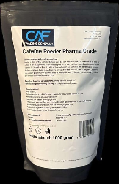 Cafeïne anhydraat poeder 1000 gram (1KG) pharma grade caffeine anhydrous
