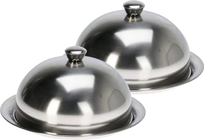 Excellent Houseware serveerschaal stolp met dienblad - 2x - zilver - rvs - D25 x H12 cm - voedsel serveren - met deksel