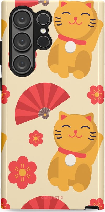 Casetastic hoesje geschikt voor Samsung Galaxy S23 Ultra - Dubbellaagse bescherming - Japanse Poezenvreugde - Lucky Cats - Fashion Case - Crème Koraal Goud